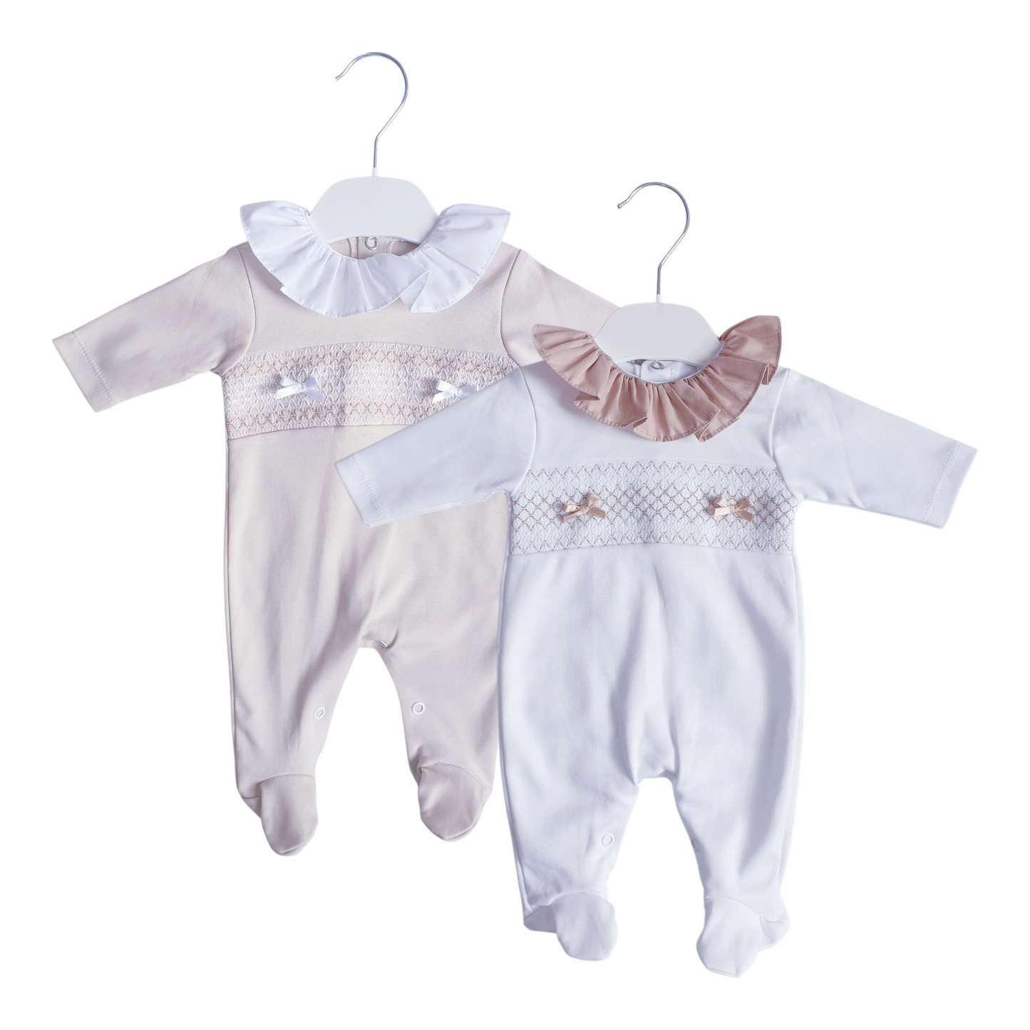 Baby Girls White Beige Spanish Smocked Babygrow