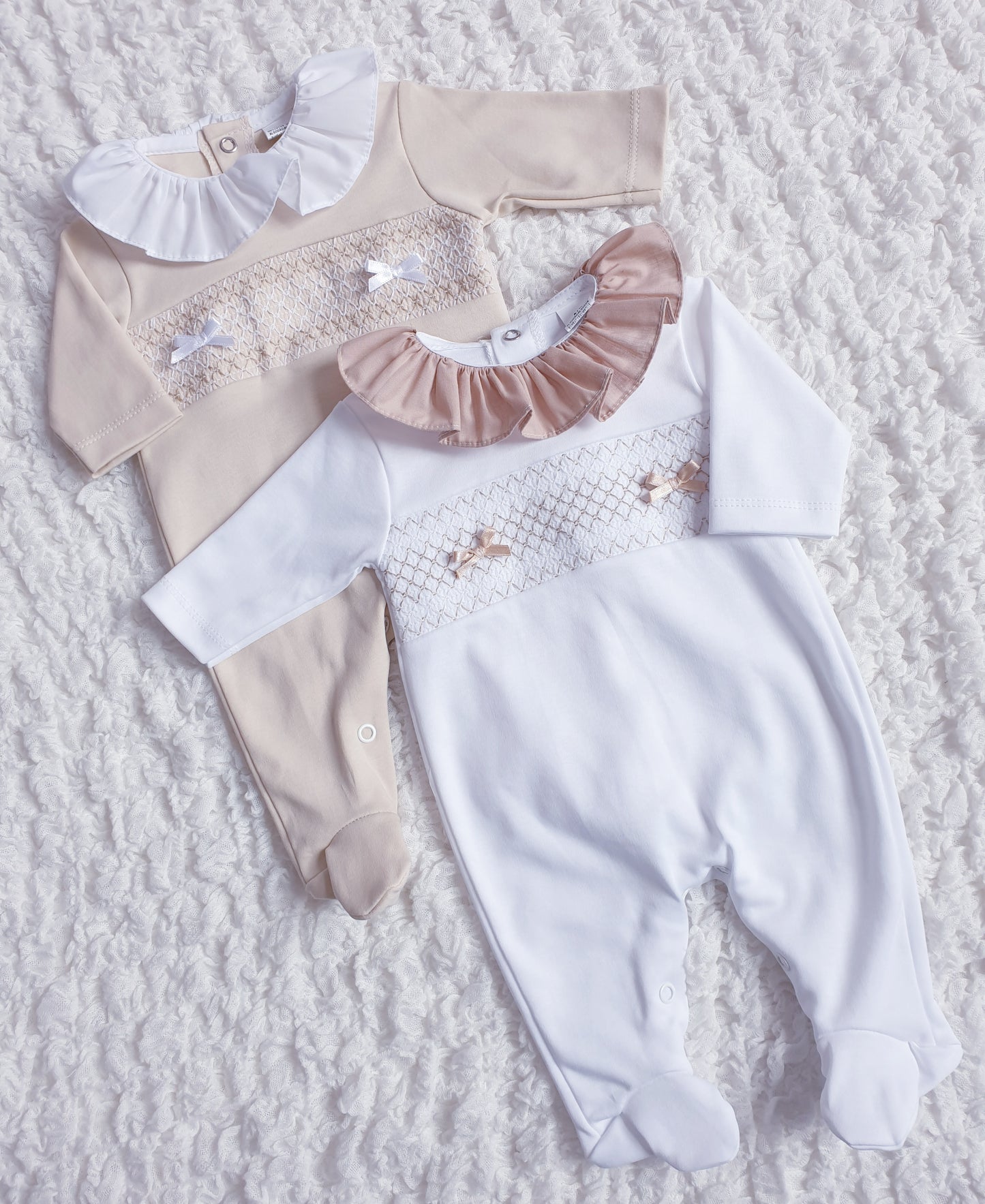 Baby Girls White Beige Spanish Smocked Babygrow