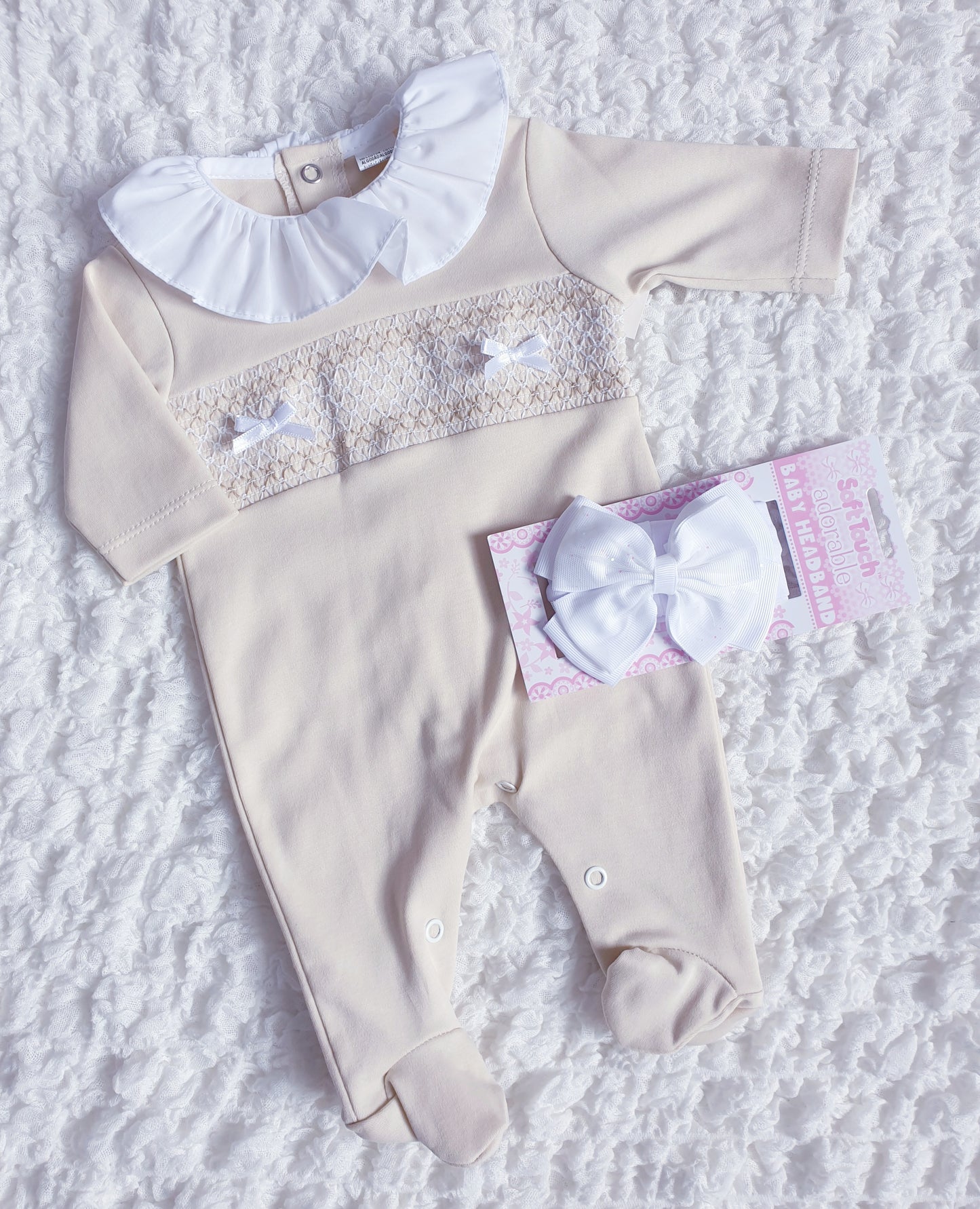 Baby Girls White Beige Spanish Smocked Babygrow
