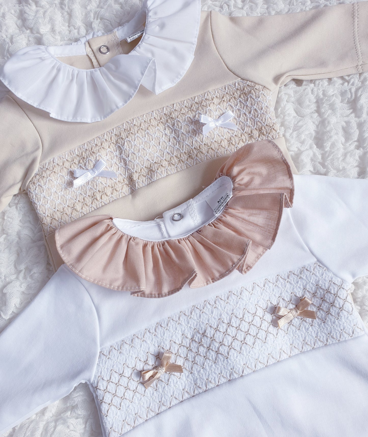 Baby Girls White Beige Spanish Smocked Babygrow