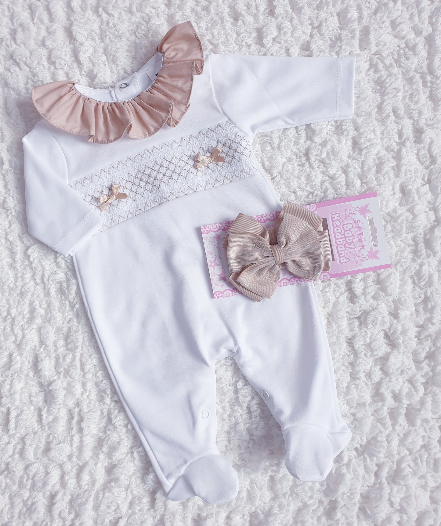 Baby Girls White Beige Spanish Smocked Babygrow