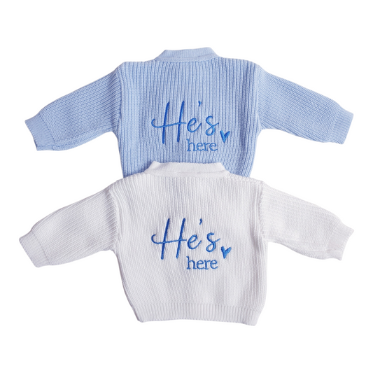 Baby Boys "He's Here" Cardigan White Blue