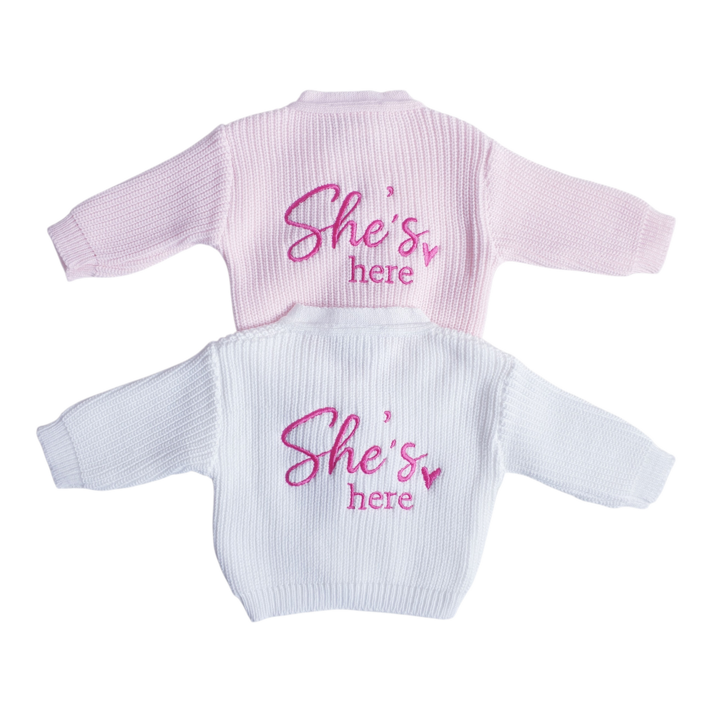 Baby Girls "She's Here" Cardigan White Pink