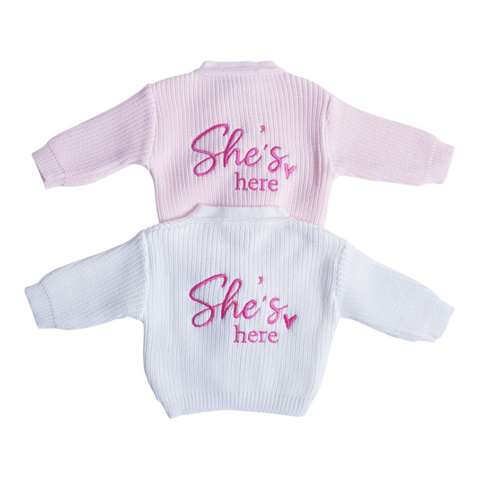 Baby Girls "She's Here" Cardigan White Pink