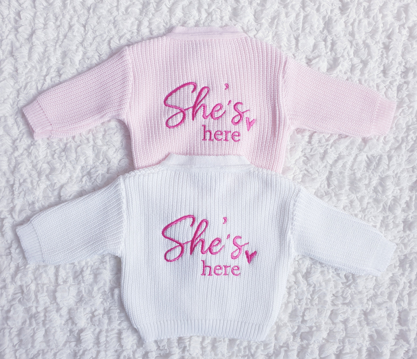Baby Girls "She's Here" Cardigan White Pink