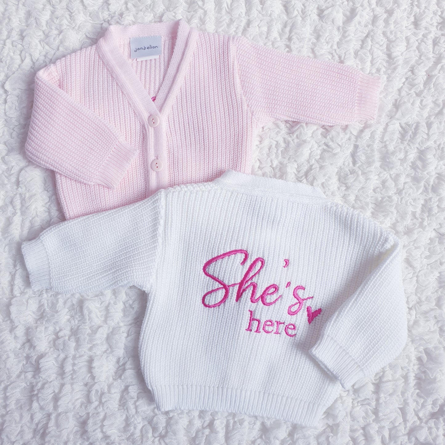 Baby Girls "She's Here" Cardigan White Pink