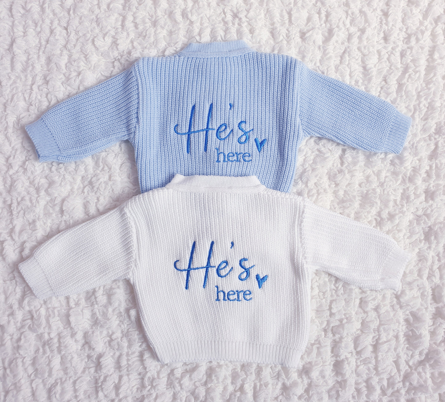 Baby Boys "He's Here" Cardigan White Blue