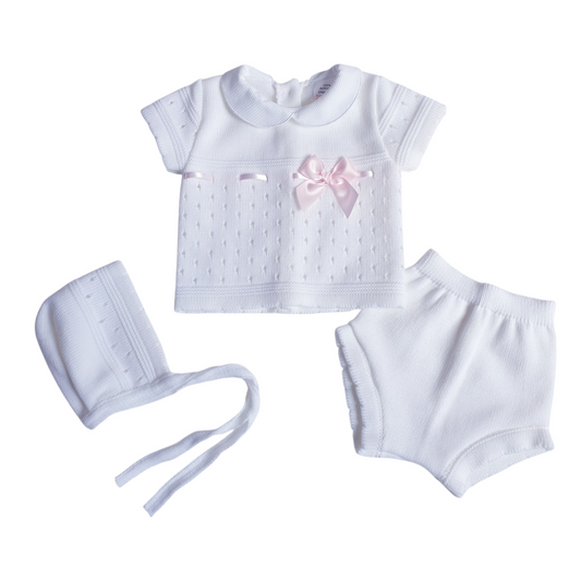 Baby Girls White Spanish Knitted 3 Piece Jam Pants Set