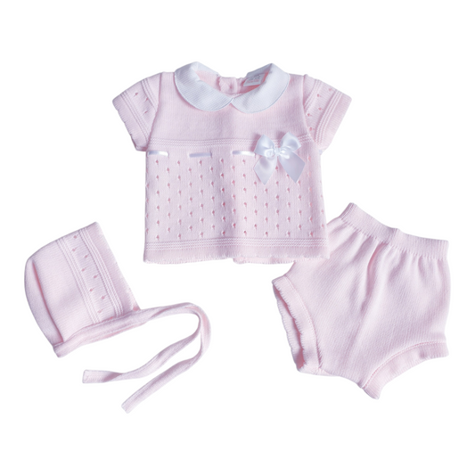 Baby Girls Pink Spanish Knitted 3 Piece Jam Pants Set