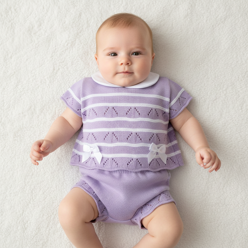 Baby Girls Lilac Spanish Knitted 3 Piece Jam Pants Set