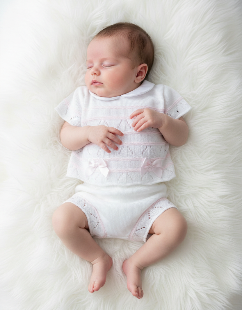 Baby Girls White Pink Spanish Knitted 3 Piece Jam Pants Set