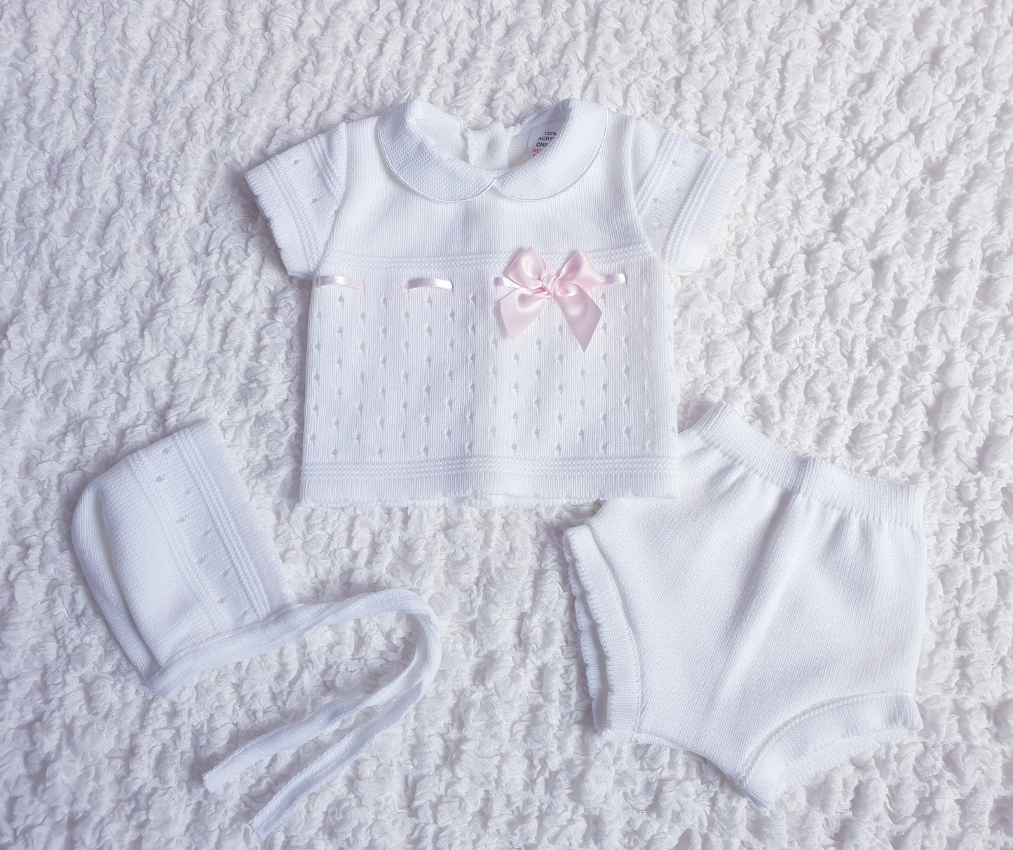 Baby Girls White Spanish Knitted 3 Piece Jam Pants Set