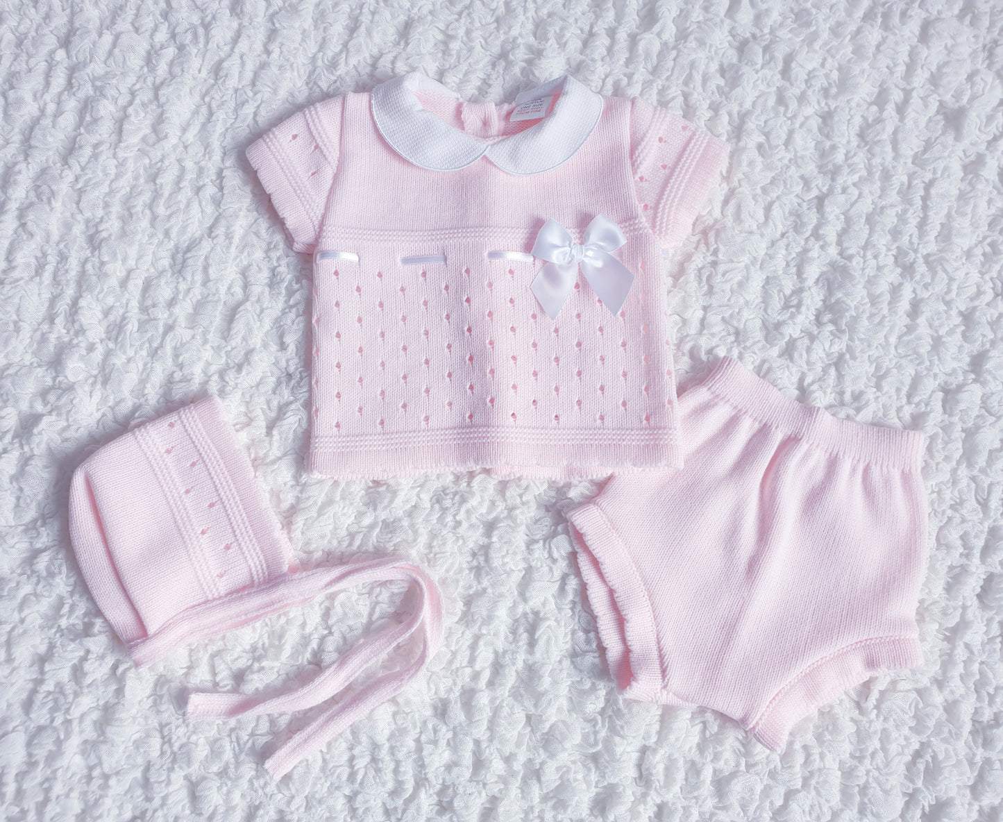 Baby Girls Pink Spanish Knitted 3 Piece Jam Pants Set