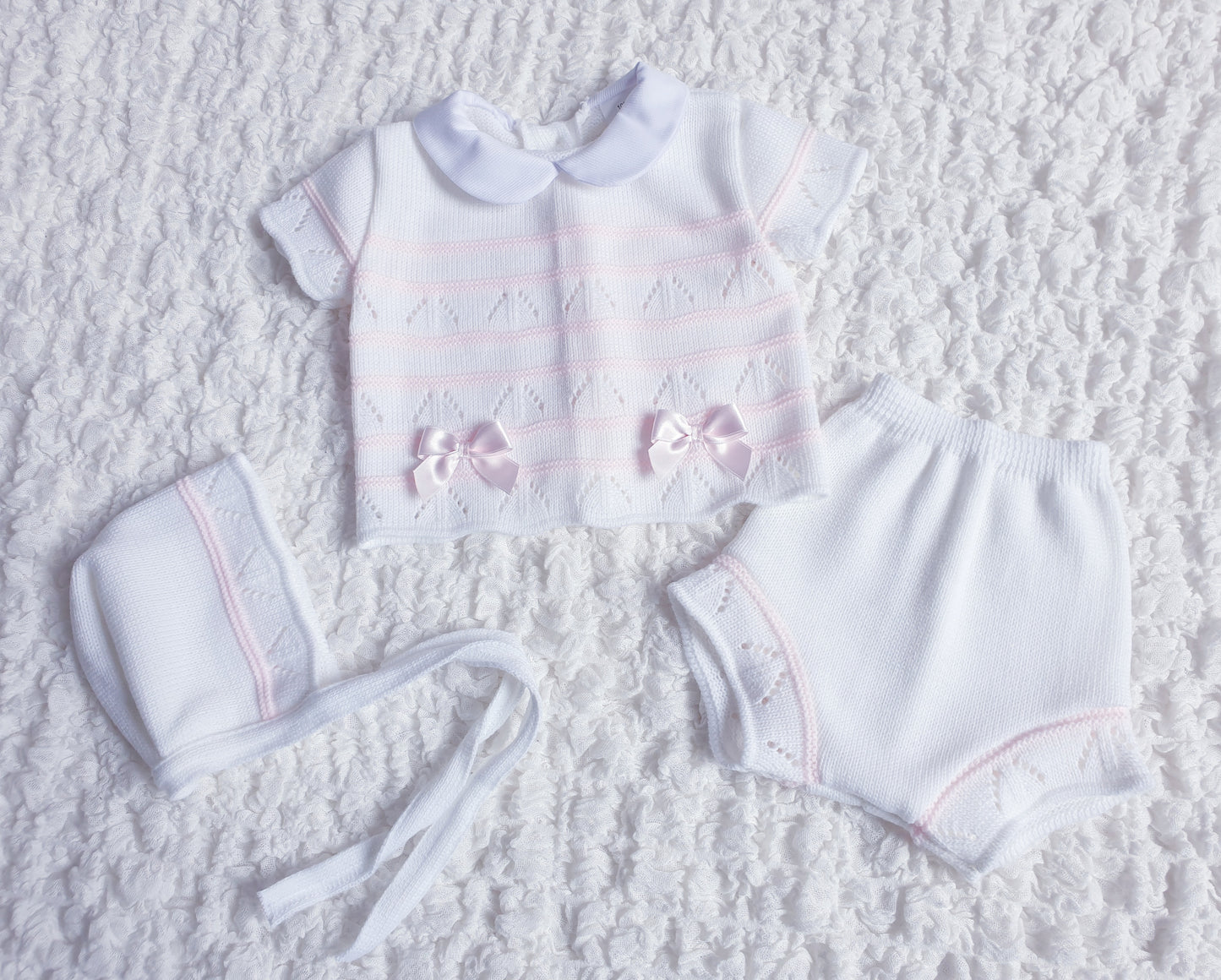 Baby Girls White Pink Spanish Knitted 3 Piece Jam Pants Set