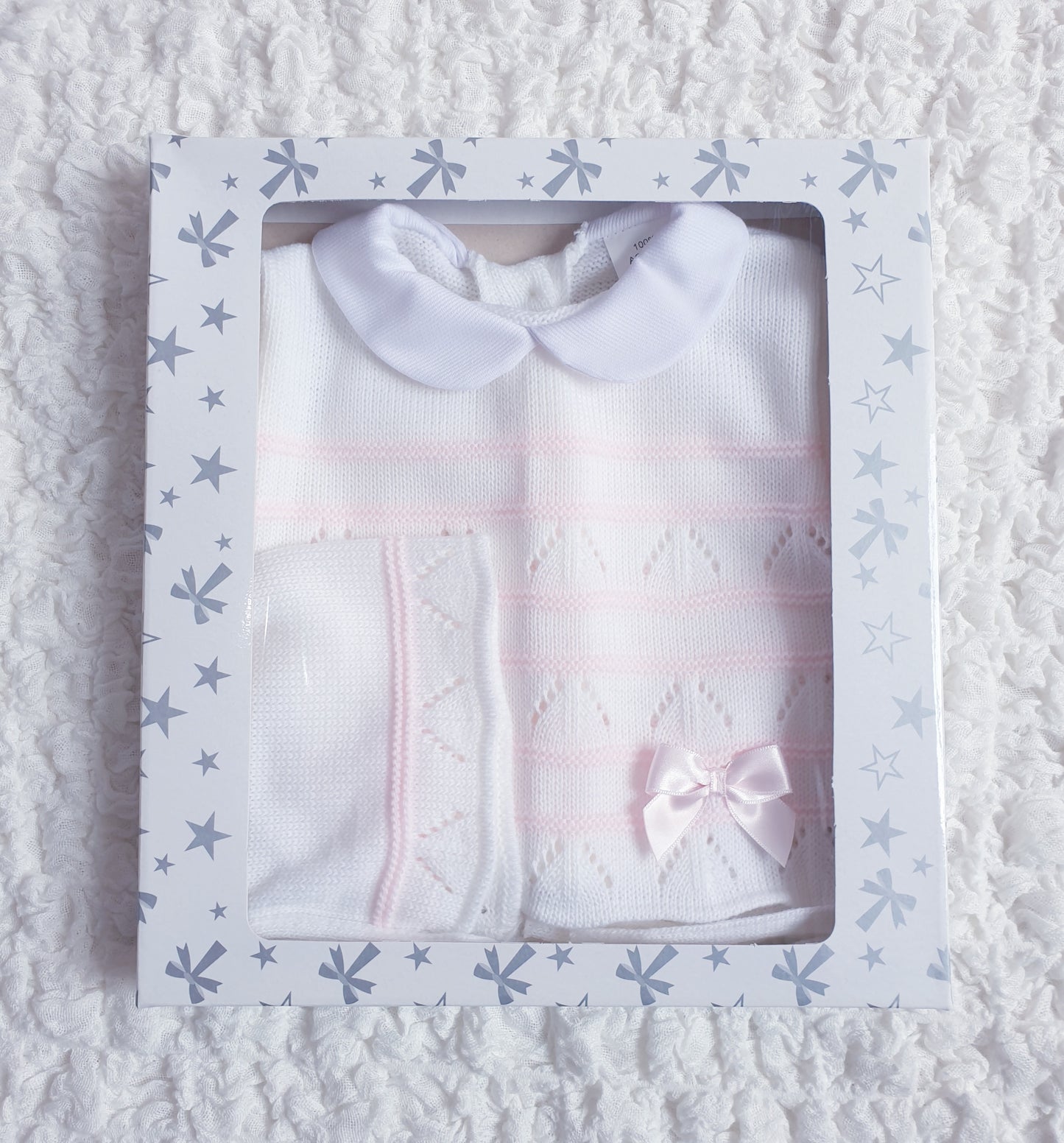 Baby Girls White Pink Spanish Knitted 3 Piece Jam Pants Set