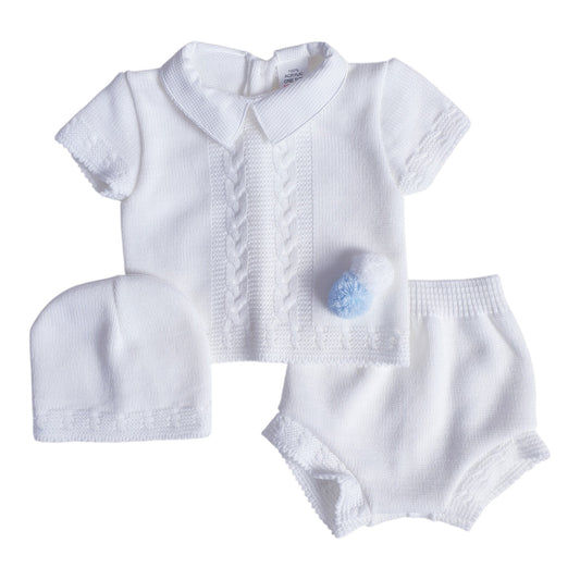 Baby Boys White Blue Spanish Knitted 3 Piece Jam Pants Set