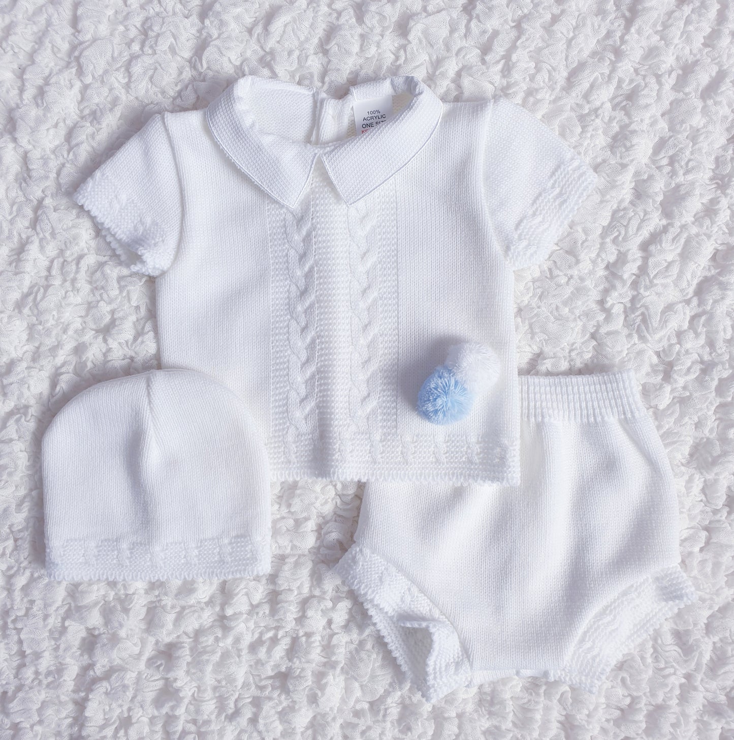 Baby Boys White Blue Spanish Knitted 3 Piece Jam Pants Set