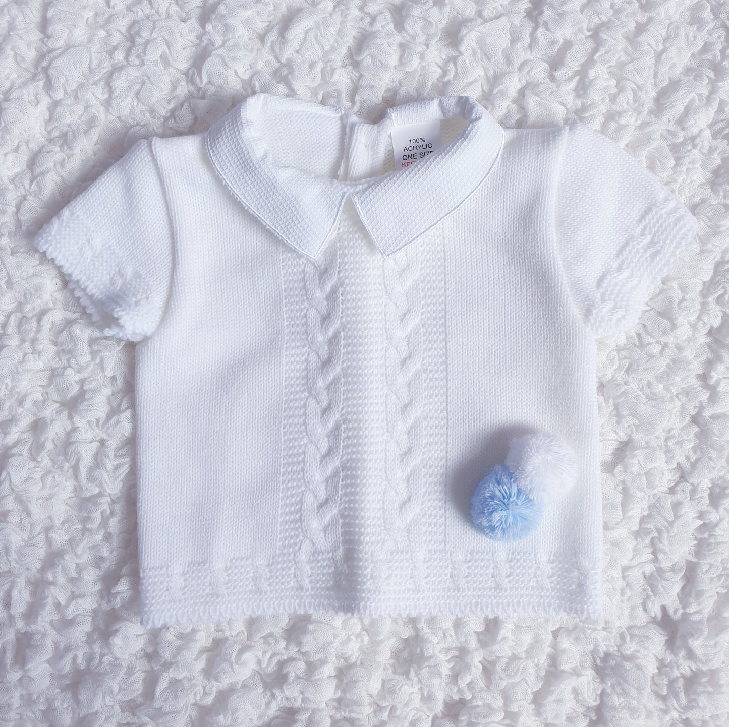 Baby Boys White Blue Spanish Knitted 3 Piece Jam Pants Set