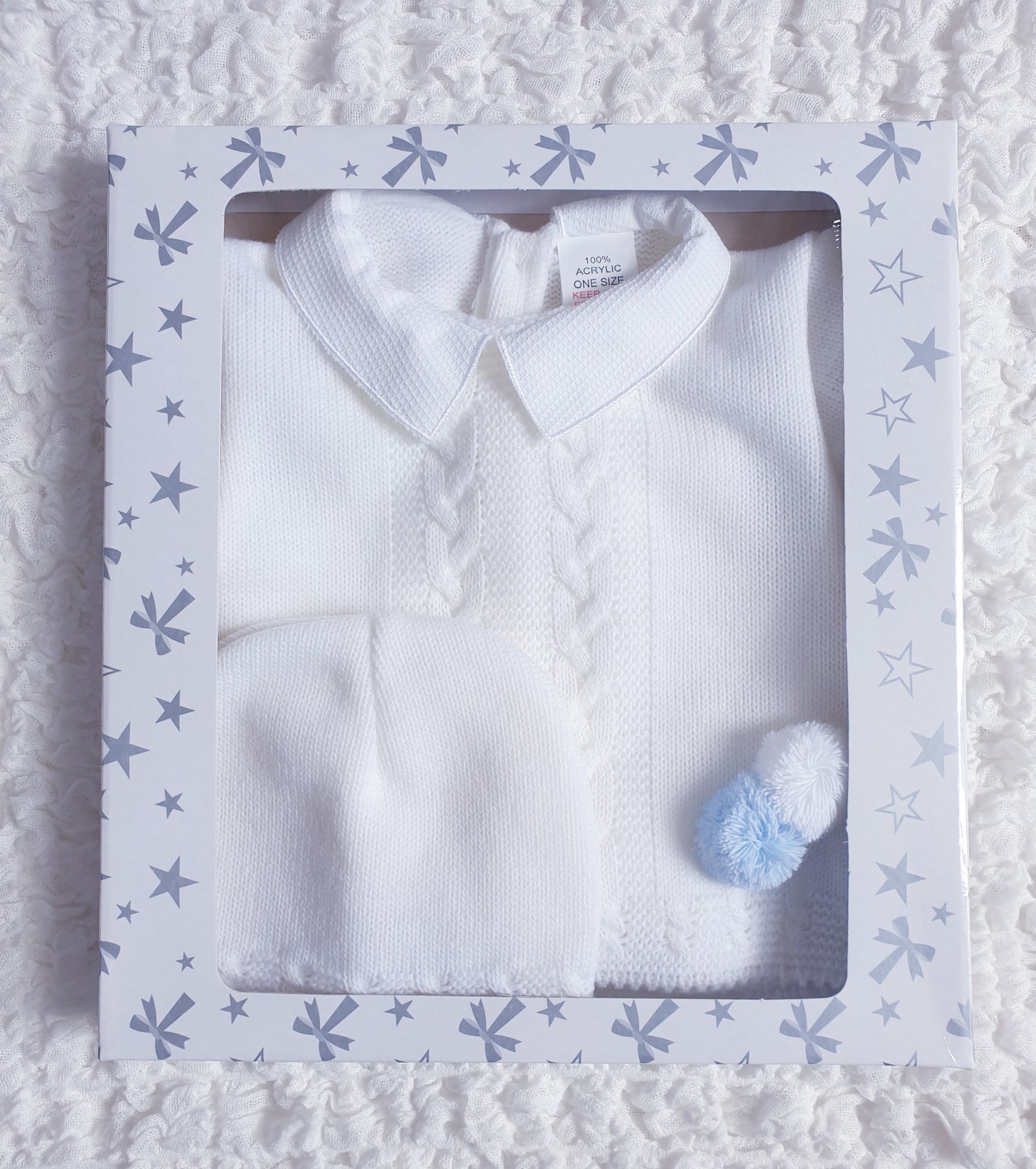 Baby Boys White Blue Spanish Knitted 3 Piece Jam Pants Set