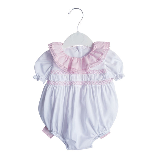 Baby Girls Smocked Bow Back Romper White Pink