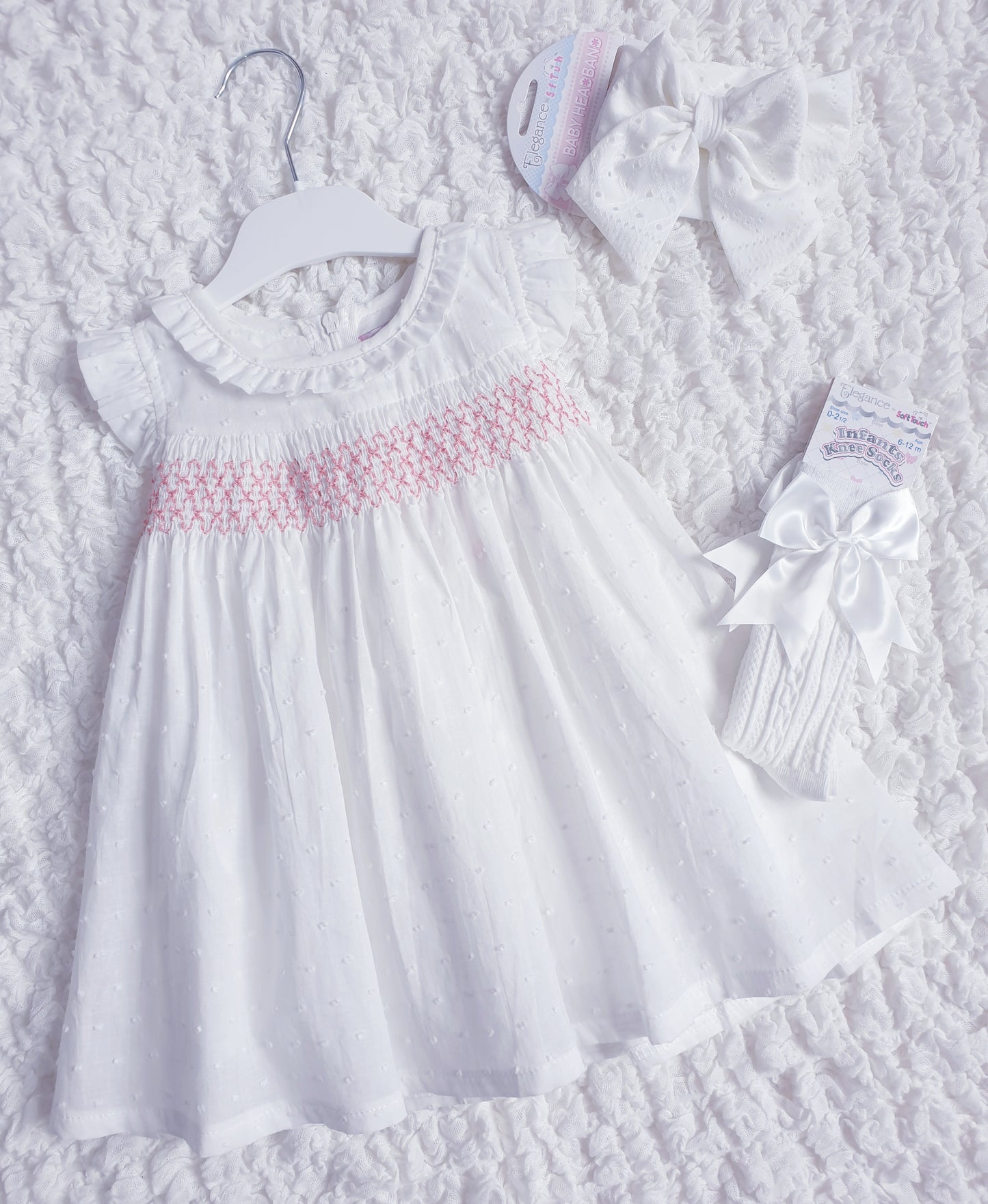 Girls White Pink Smocked Dress