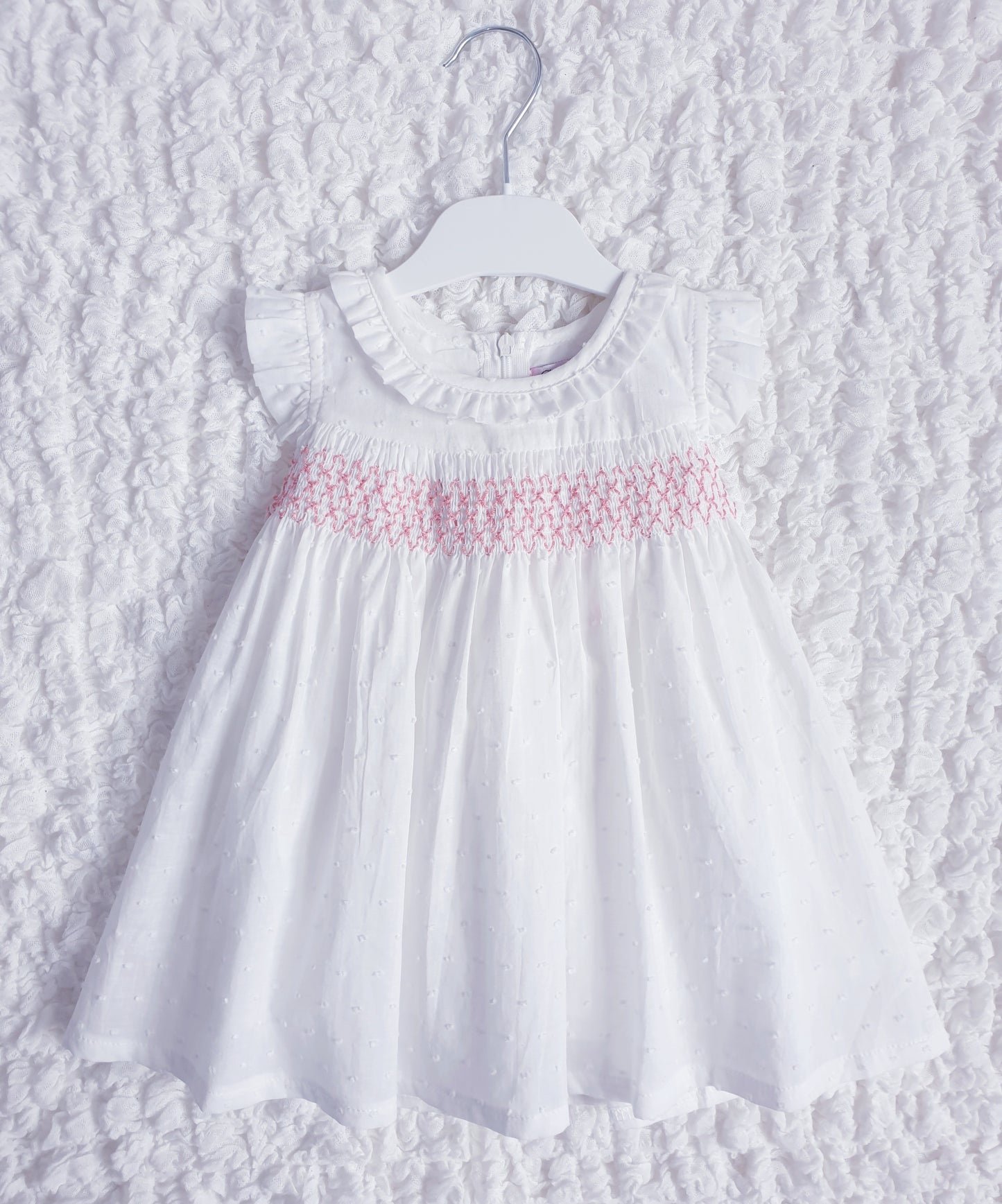 Girls White Pink Smocked Dress