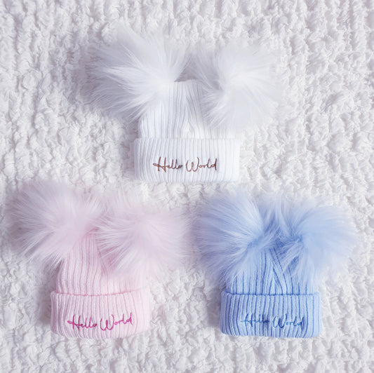 Hello World Double Pom Pom Newborn Baby Hat
