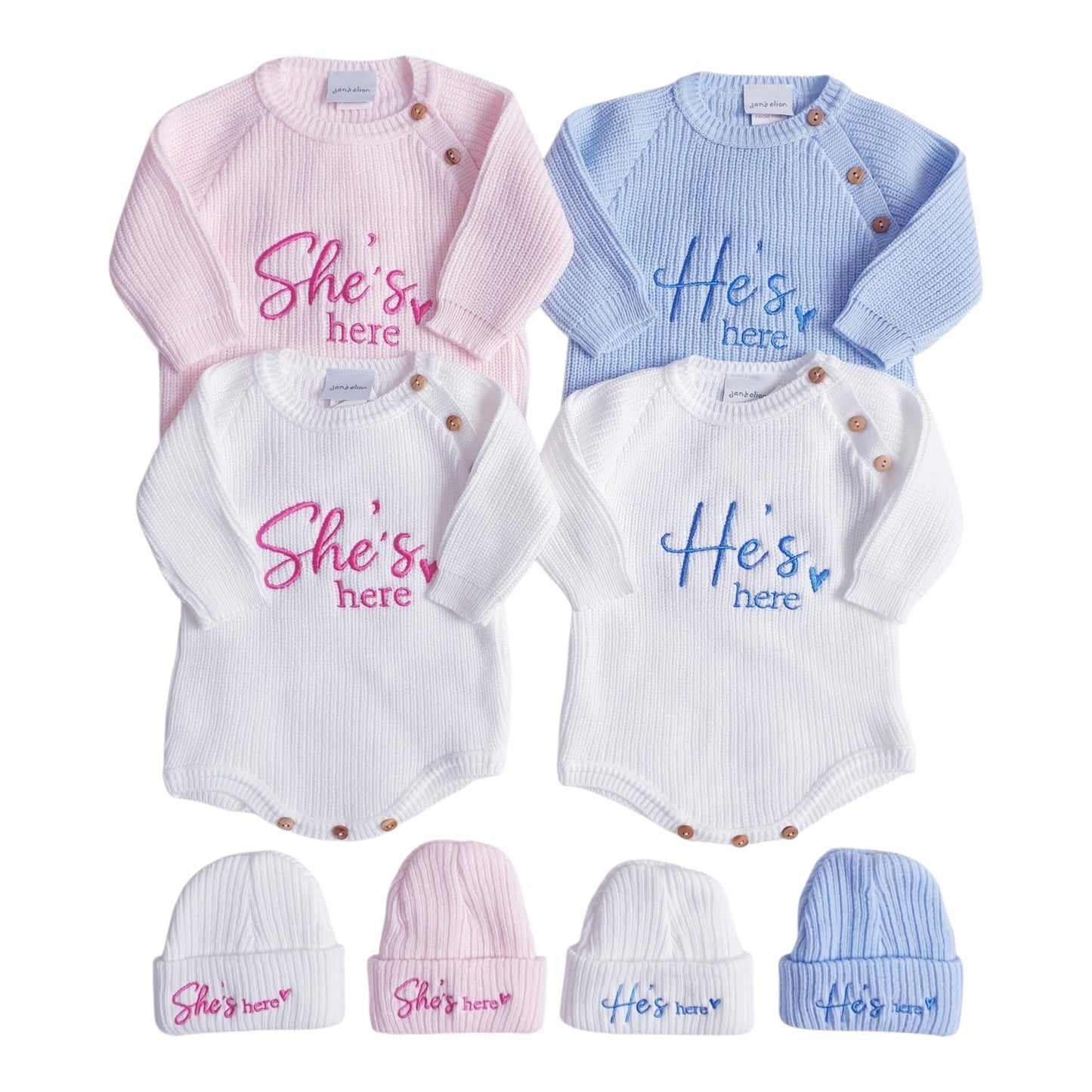 Baby Girls/Boys "She's Here" & "He's Here" Knitted Romper & Hat Set