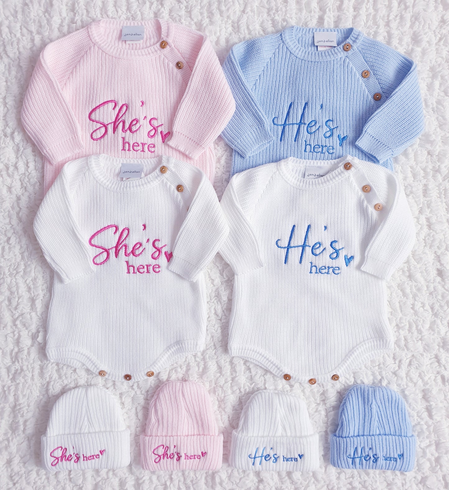 Baby Girls/Boys "She's Here" & "He's Here" Knitted Romper & Hat Set