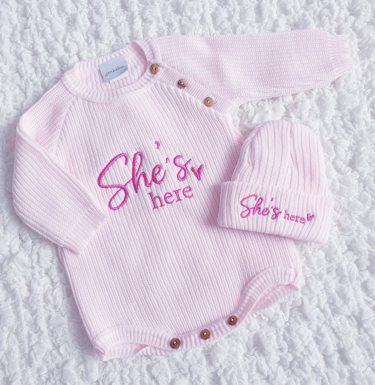 Baby Girls/Boys "She's Here" & "He's Here" Knitted Romper & Hat Set