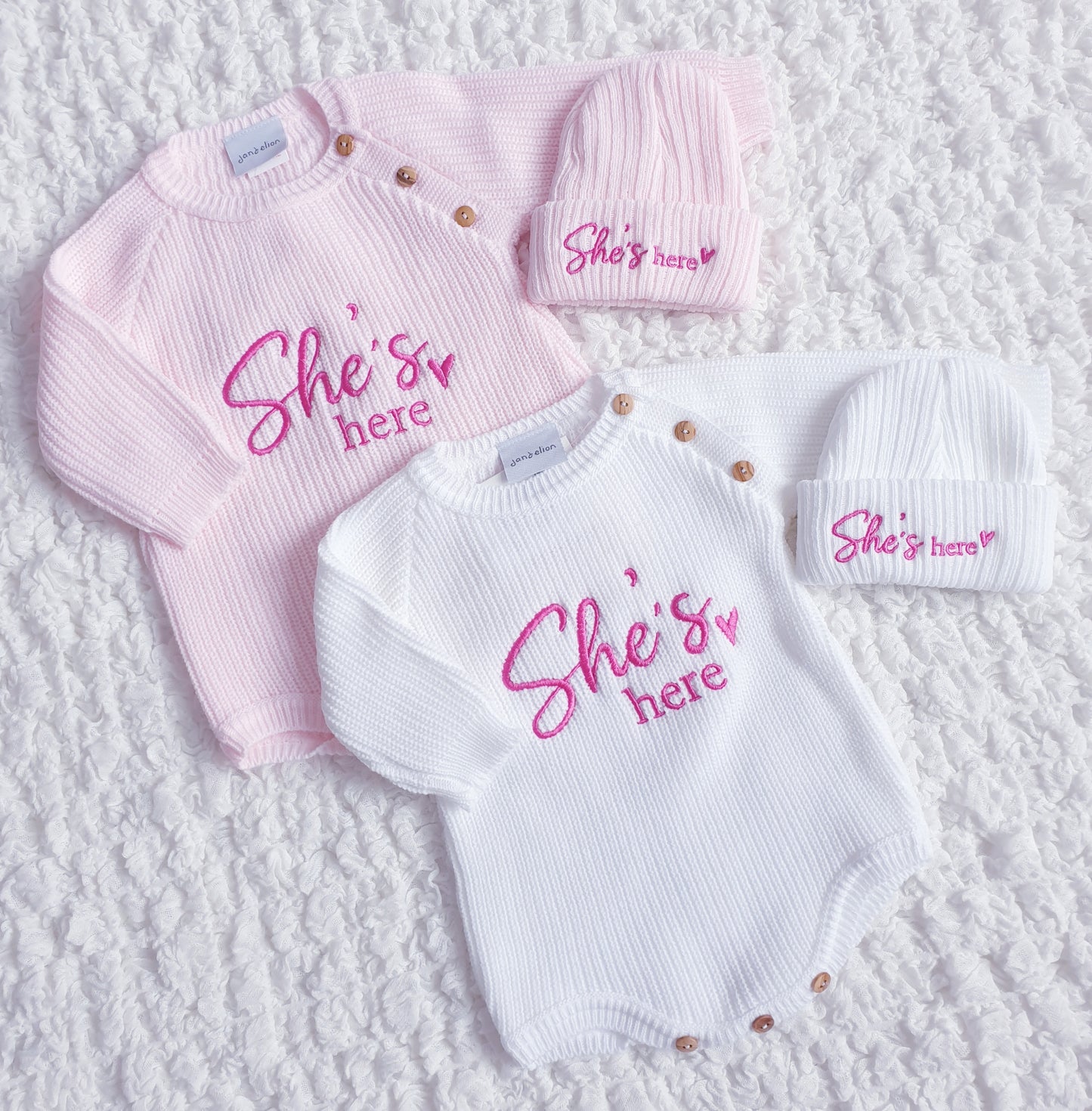Baby Girls/Boys "She's Here" & "He's Here" Knitted Romper & Hat Set