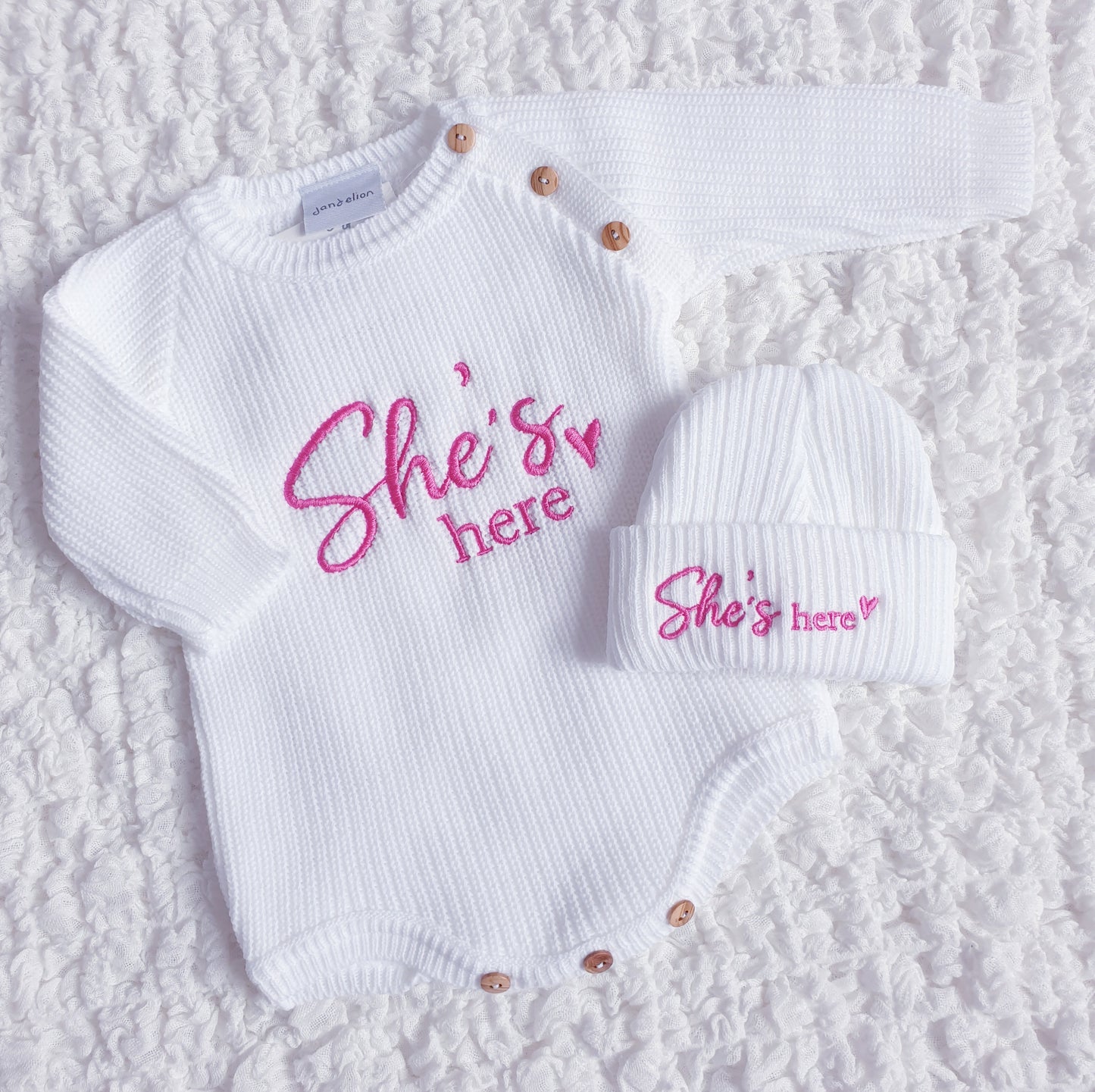 Baby Girls/Boys "She's Here" & "He's Here" Knitted Romper & Hat Set