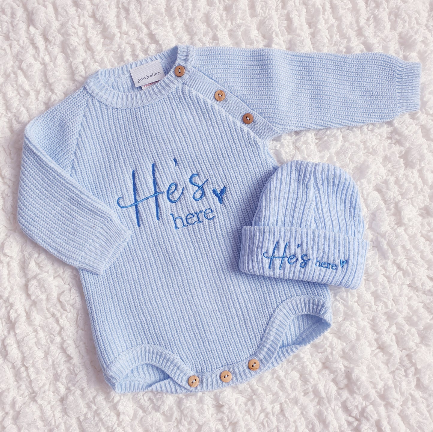 Baby Girls/Boys "She's Here" & "He's Here" Knitted Romper & Hat Set