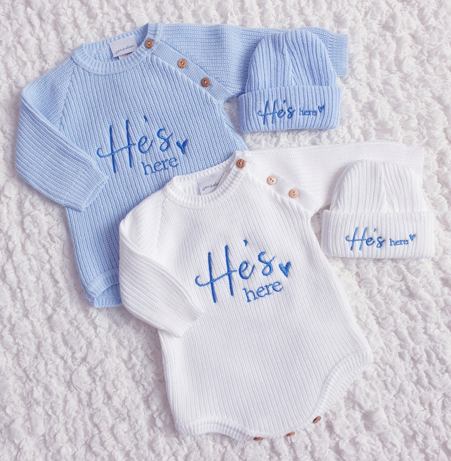 Baby Girls/Boys "She's Here" & "He's Here" Knitted Romper & Hat Set