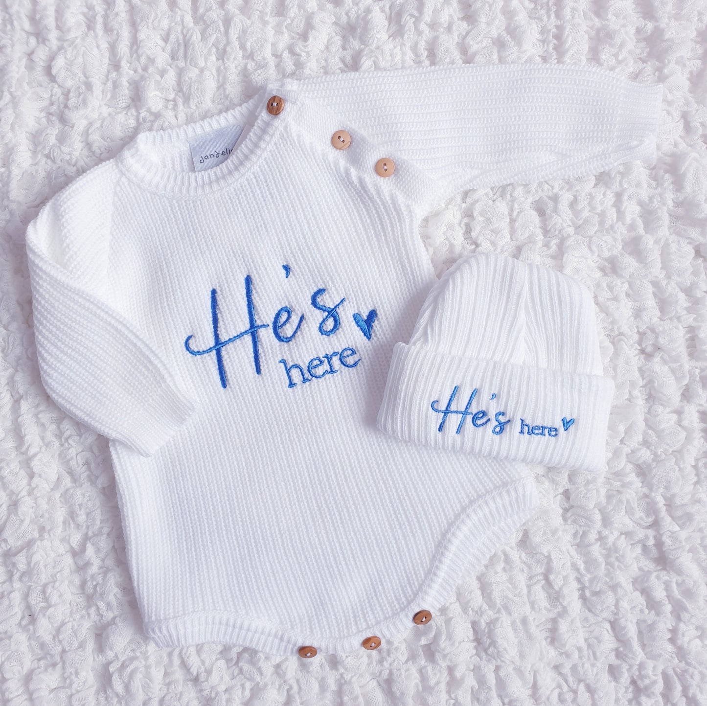 Baby Girls/Boys "She's Here" & "He's Here" Knitted Romper & Hat Set