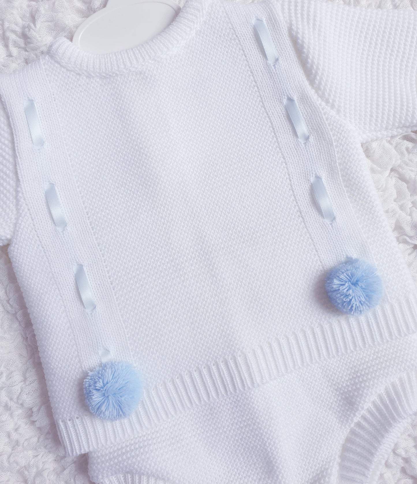 Baby Boys White/Blue Spanish Knitted Ribbon Slot Pom Pom Jam Pants Set