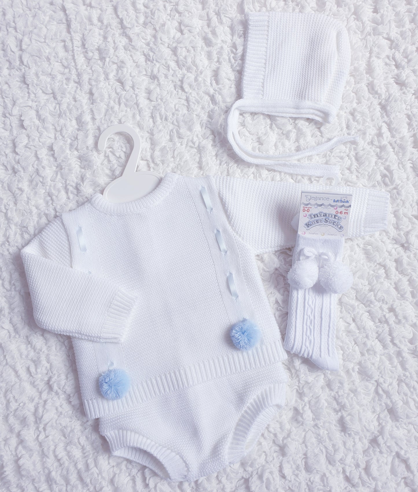 Baby Boys White/Blue Spanish Knitted Ribbon Slot Pom Pom Jam Pants Set
