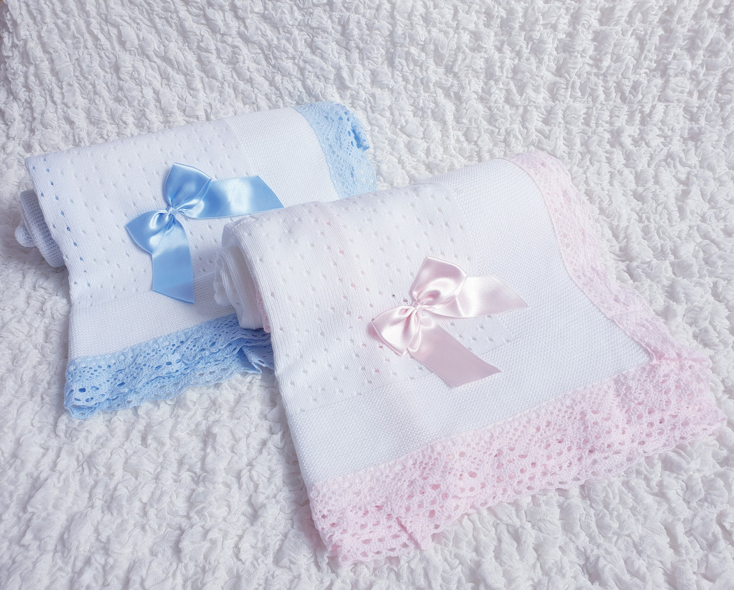 Spanish Ribbon Bow Knitted Shawl White Pink/Blue