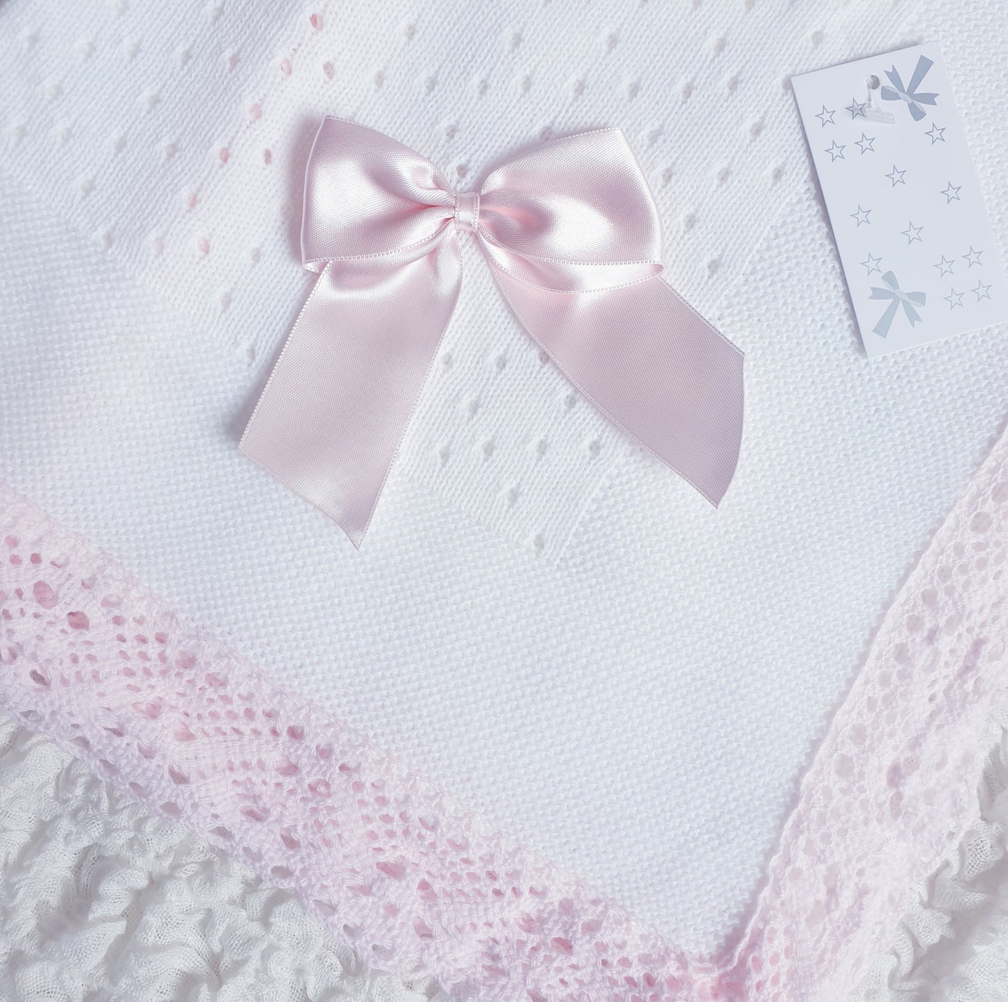 Spanish Ribbon Bow Knitted Shawl White Pink/Blue
