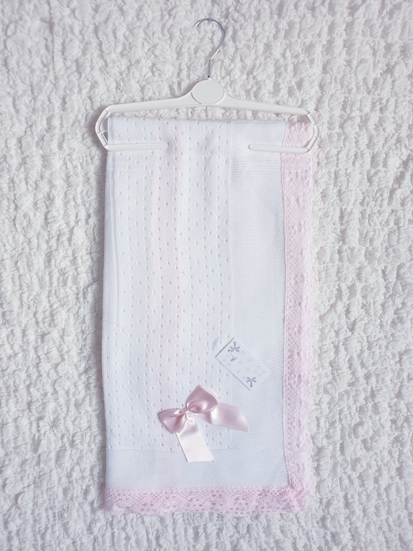 Spanish Ribbon Bow Knitted Shawl White Pink/Blue