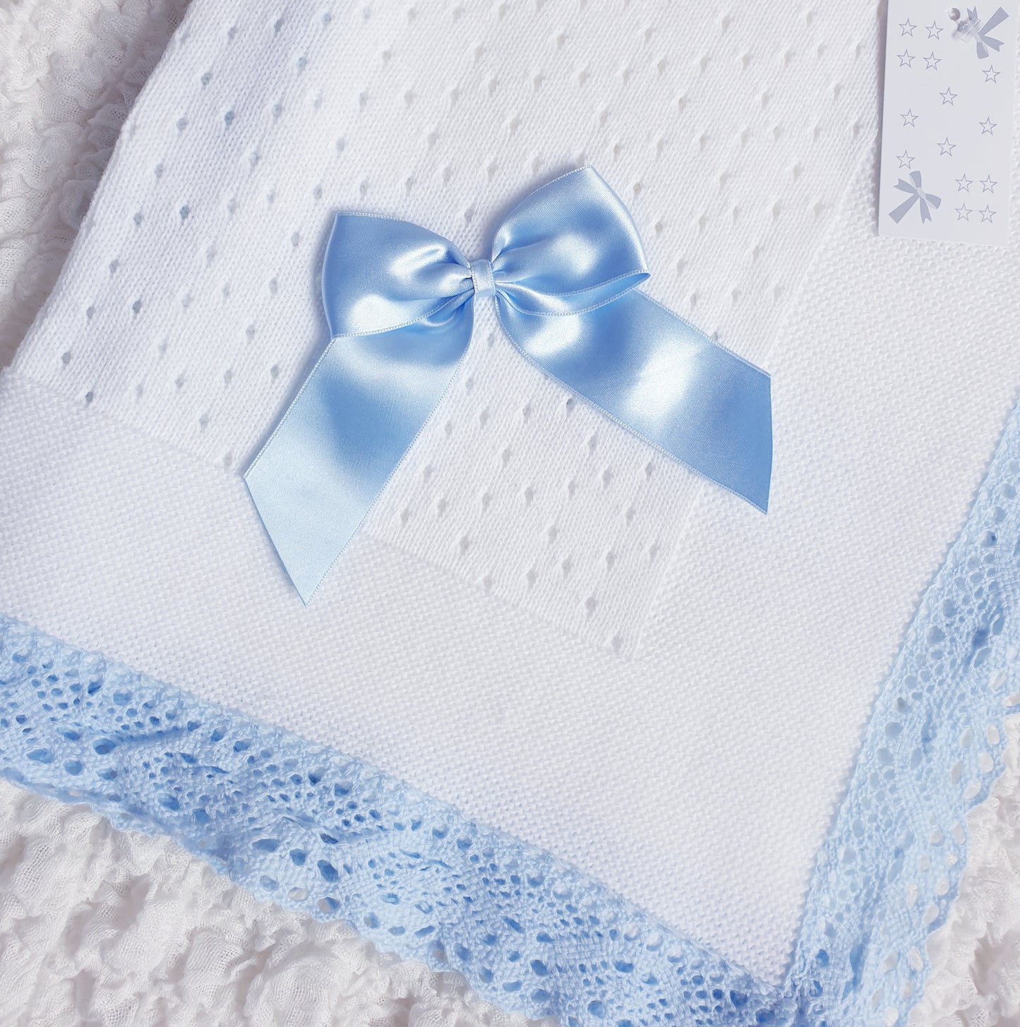 Spanish Ribbon Bow Knitted Shawl White Pink/Blue