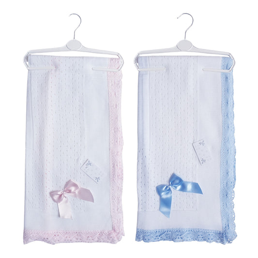 Spanish Ribbon Bow Knitted Shawl White Pink/Blue