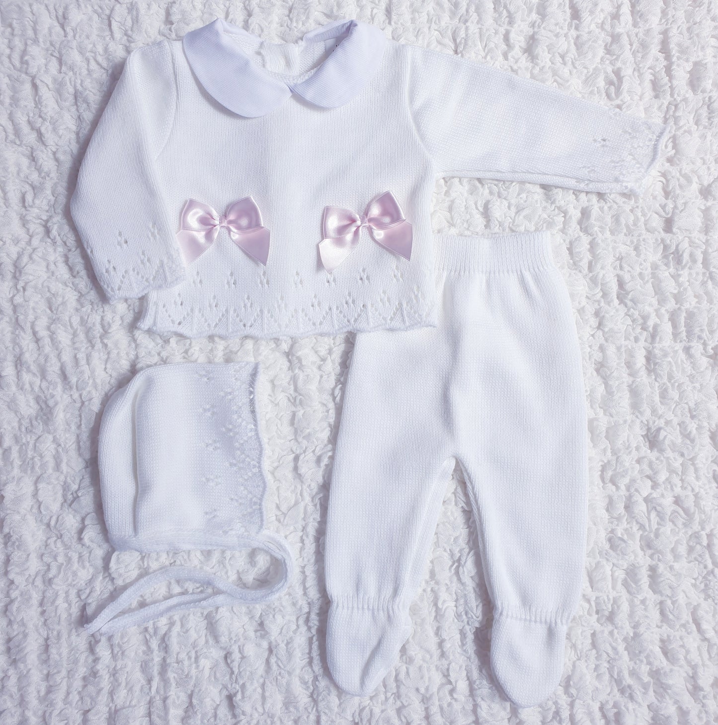 Baby Girls White/Pink Spanish Knitted 3 Piece Box Set