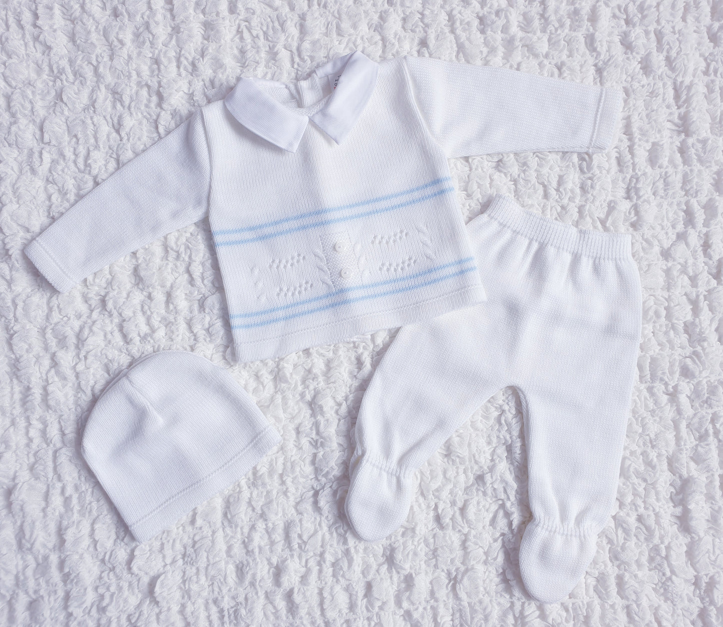 Baby Boys Spanish White/Blue Knitted 3 Piece Box Set