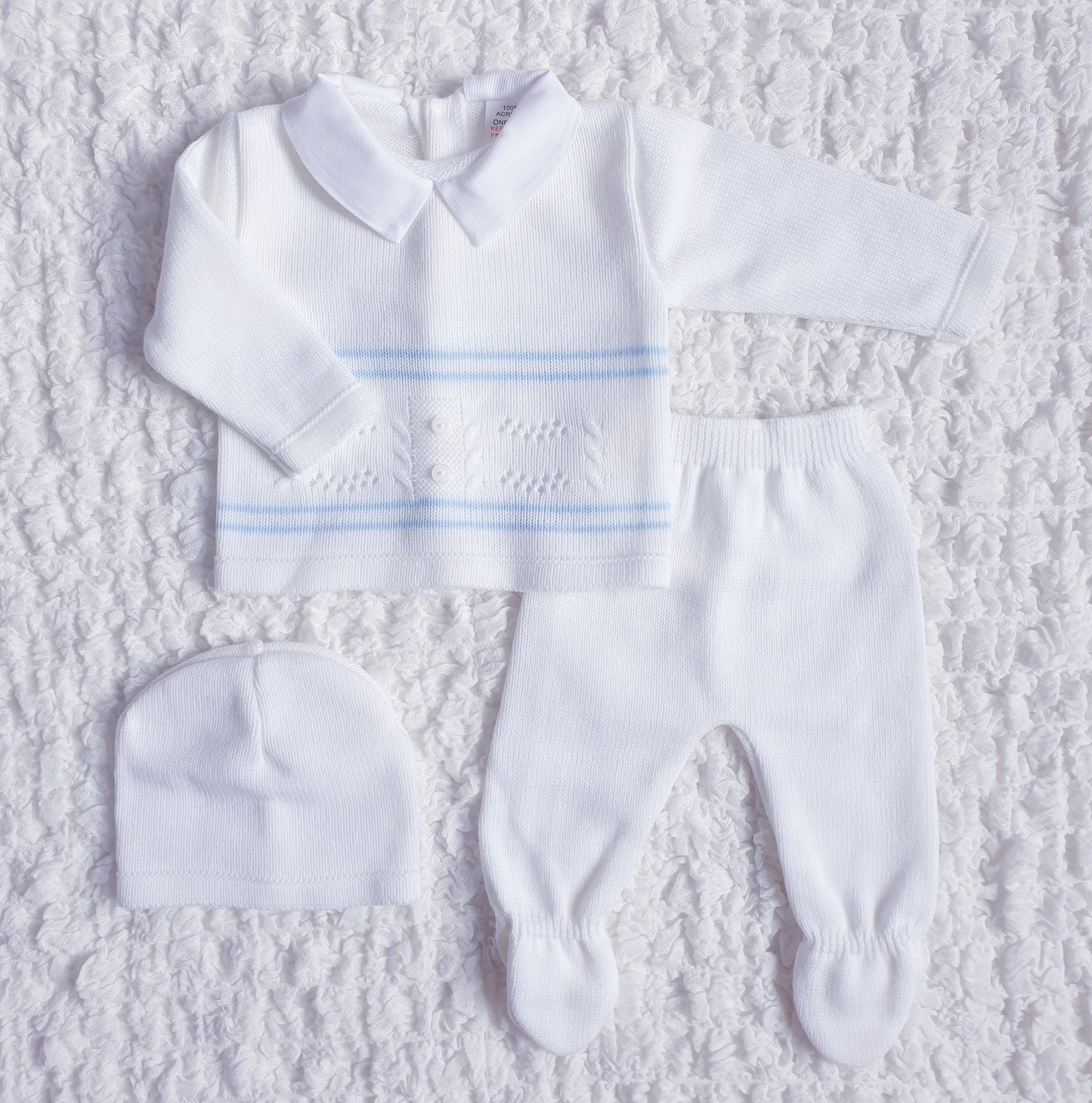 Baby Boys Spanish White/Blue Knitted 3 Piece Box Set