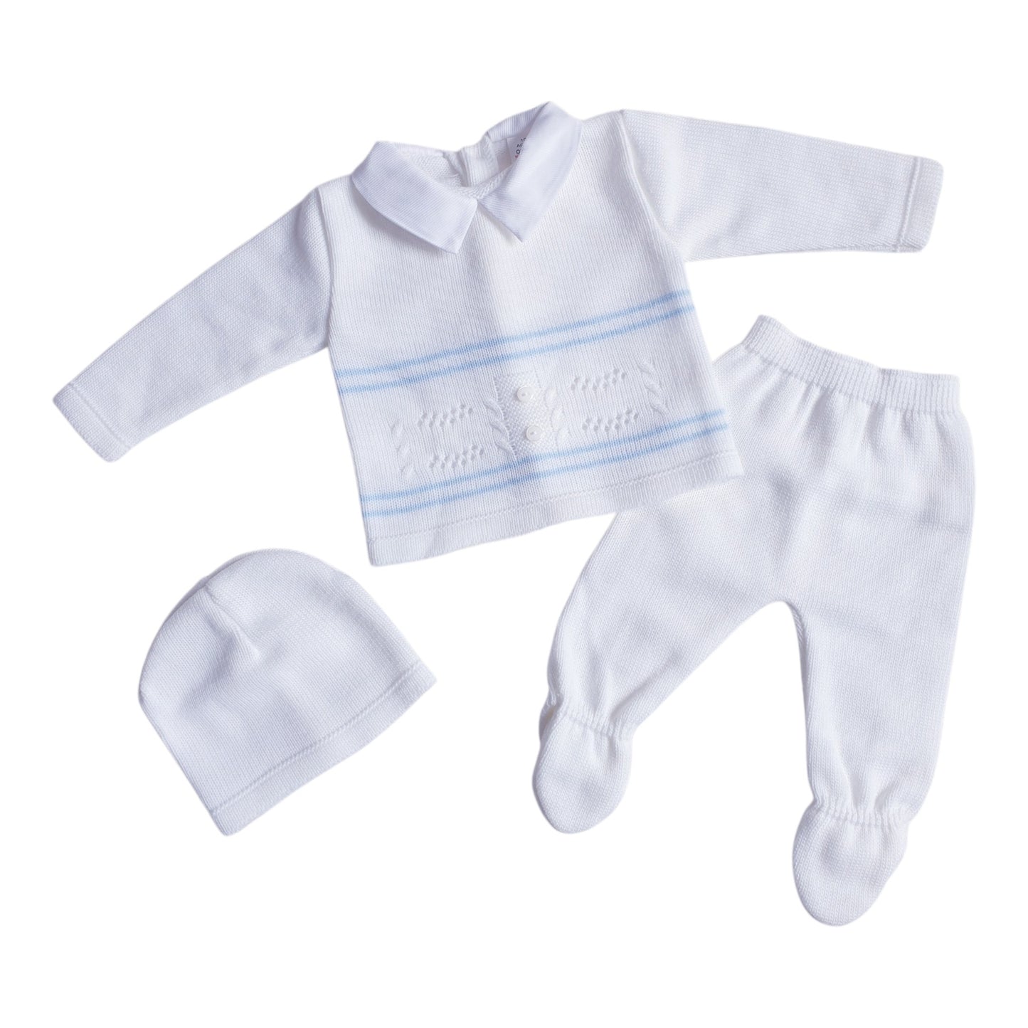 Baby Boys Spanish White/Blue Knitted 3 Piece Box Set