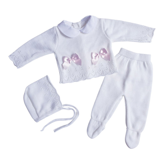 Baby Girls White/Pink Spanish Knitted 3 Piece Box Set