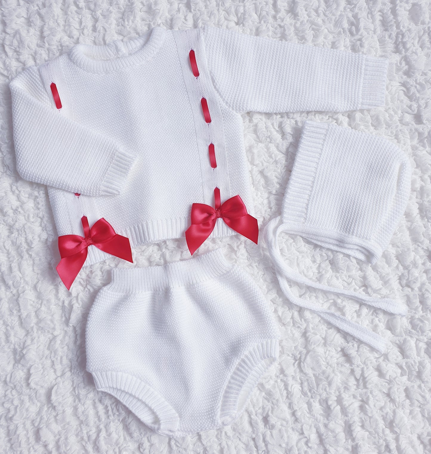 Baby Girls White/Red Spanish Knitted Ribbon Slot Bow Jam Pants Set
