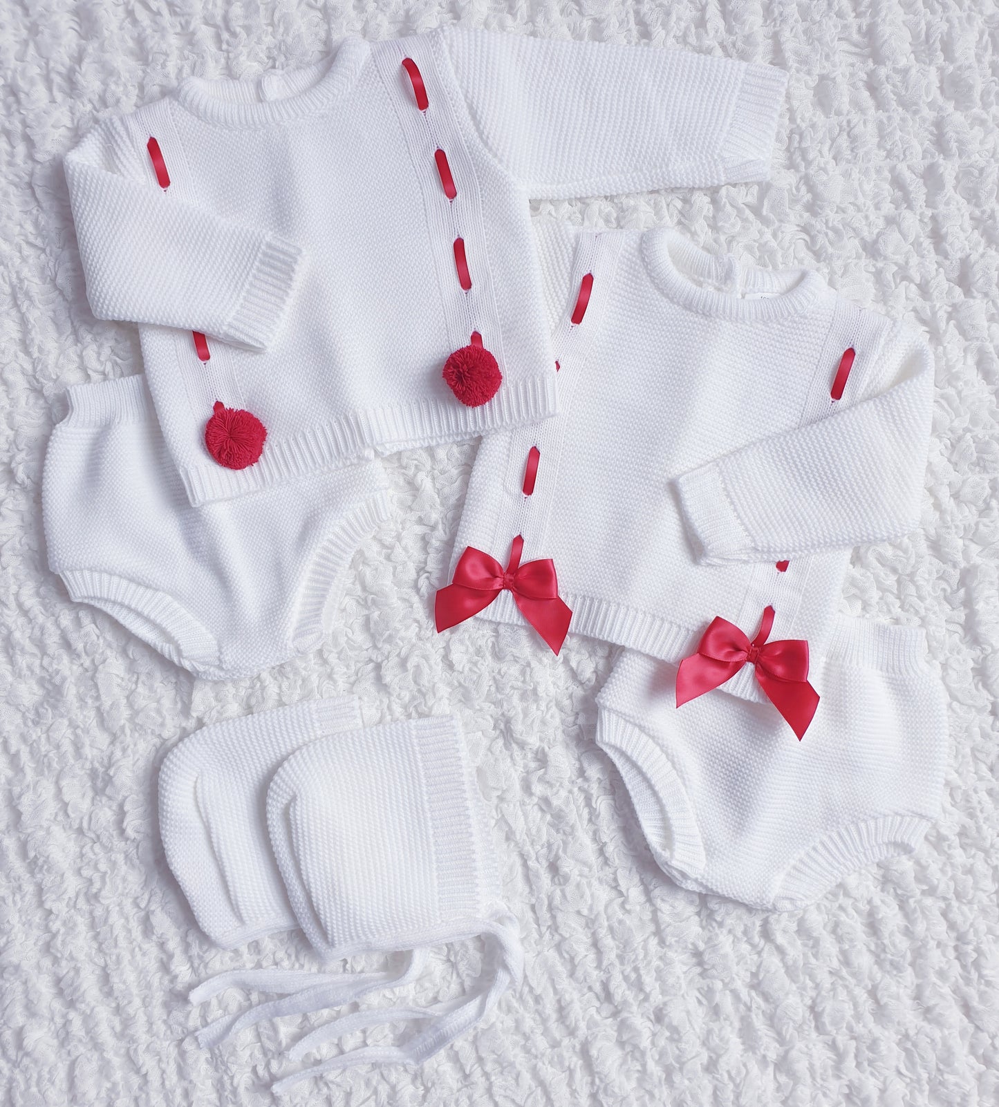 Baby Boys White/Red Spanish Knitted Ribbon Slot Pom Pom Jam Pants Set