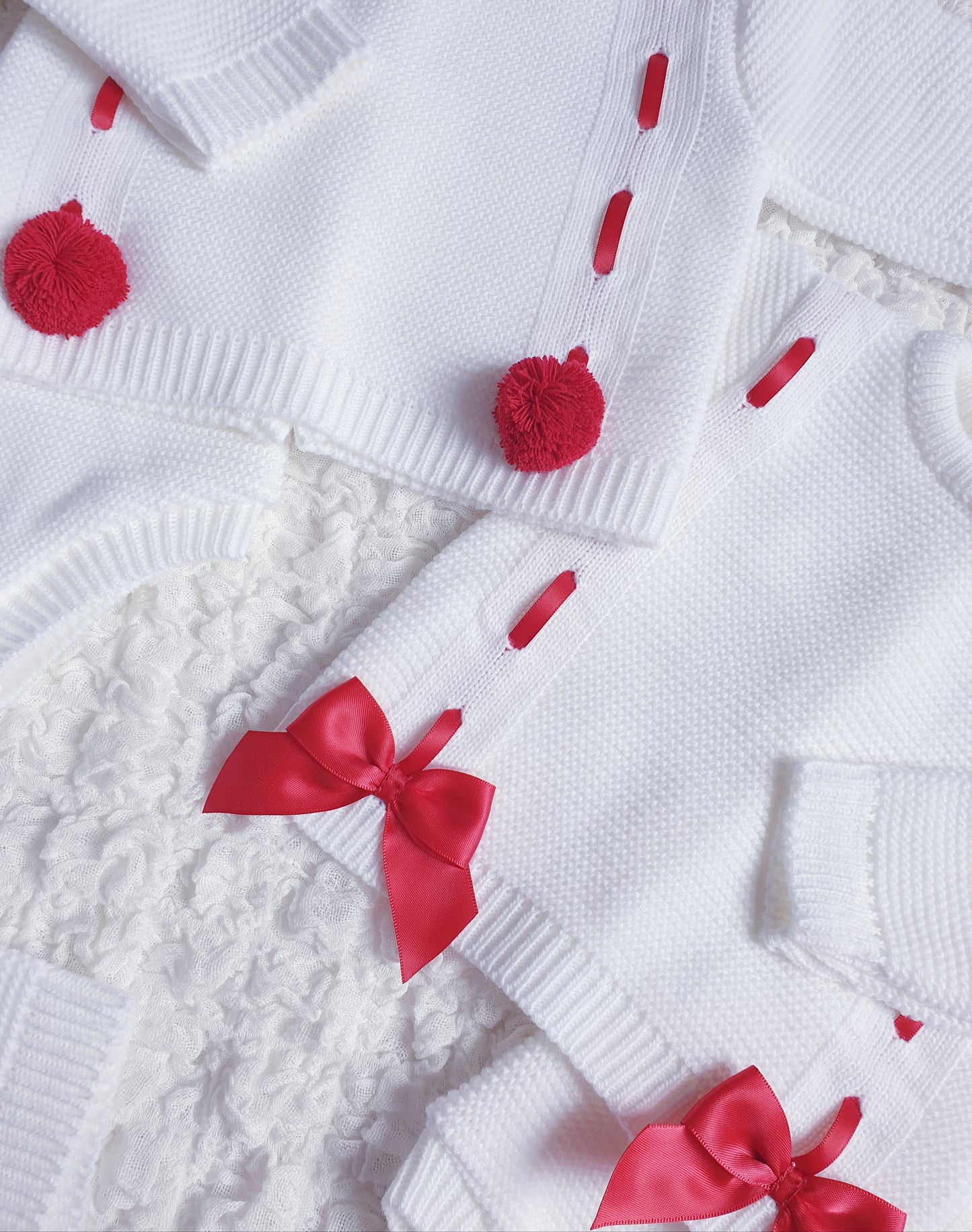 Baby Girls White/Red Spanish Knitted Ribbon Slot Bow Jam Pants Set